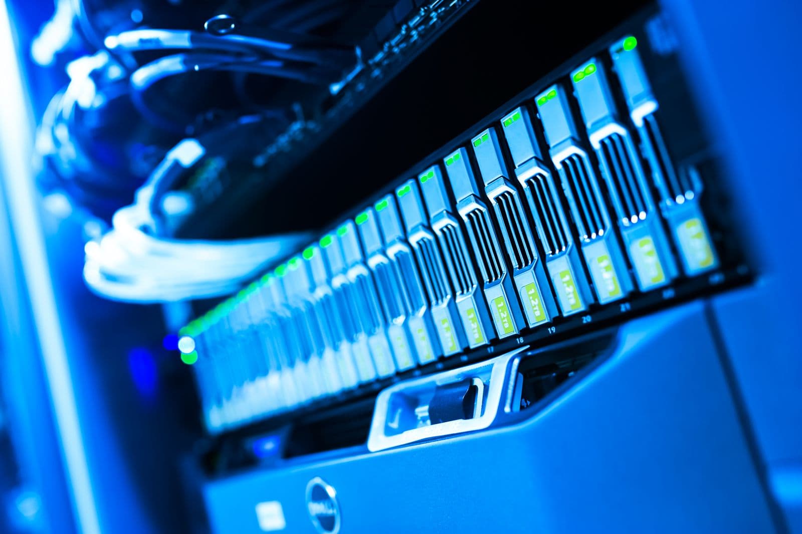 Close-up of cloud storage hardware in a data centre